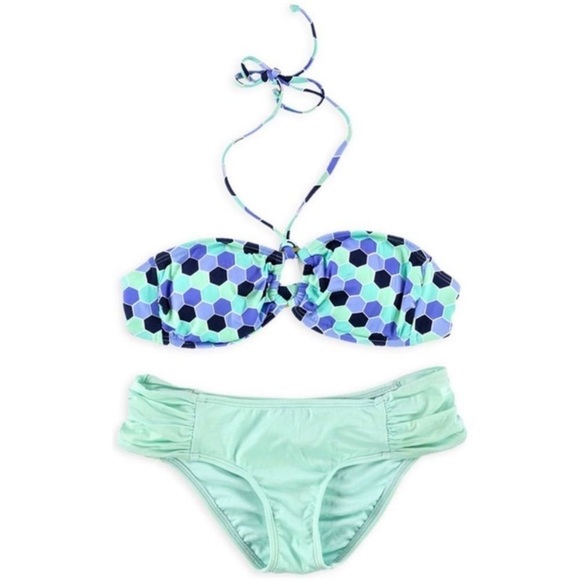 NEW Bar III Bikini Set 2 Piece Swimsuit Hexagon Print Halter Bandeau Top Aqua M - Picture 1 of 6